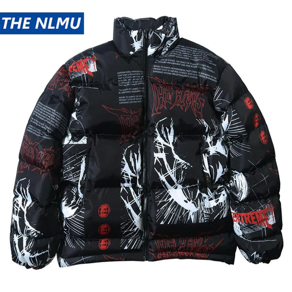 2023 Hip Hop Jacket Parka Men Anime Cartoon Graphic Padded Jacket Coat Warm Winter Streetwear Harajuku Puffer Jackets