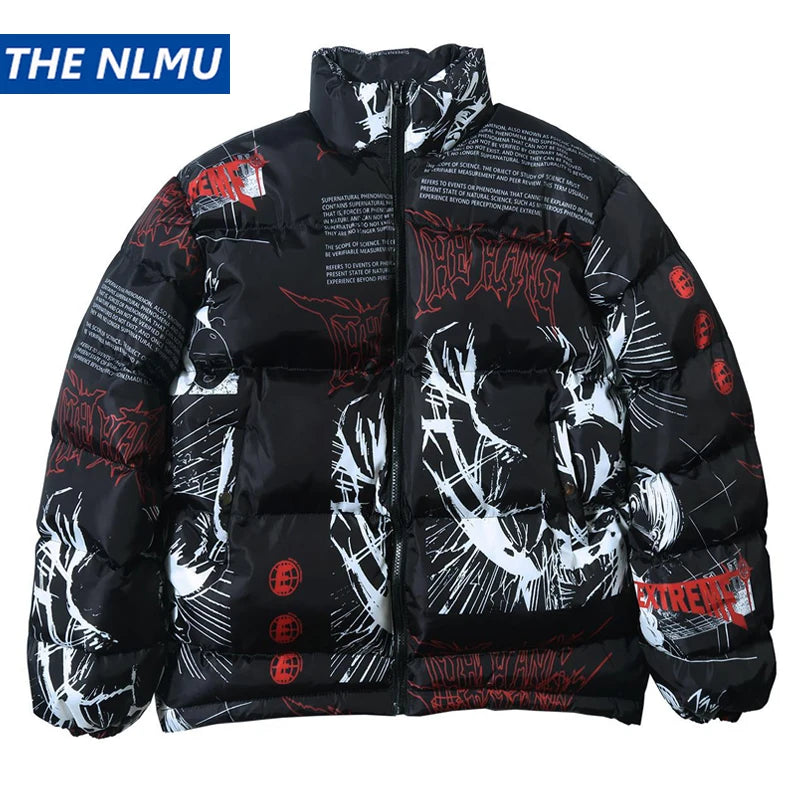 2023 Hip Hop Jacket Parka Men Anime Cartoon Graphic Padded Jacket Coat Warm Winter Streetwear Harajuku Puffer Jackets