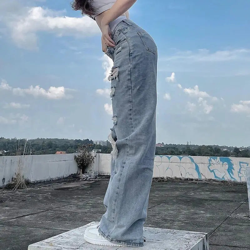 streetwear straight pants ladies ripped jeans mid waist loose wide leg pants ladies jeans y2k summer high street cargo pants unique cargo style 2738