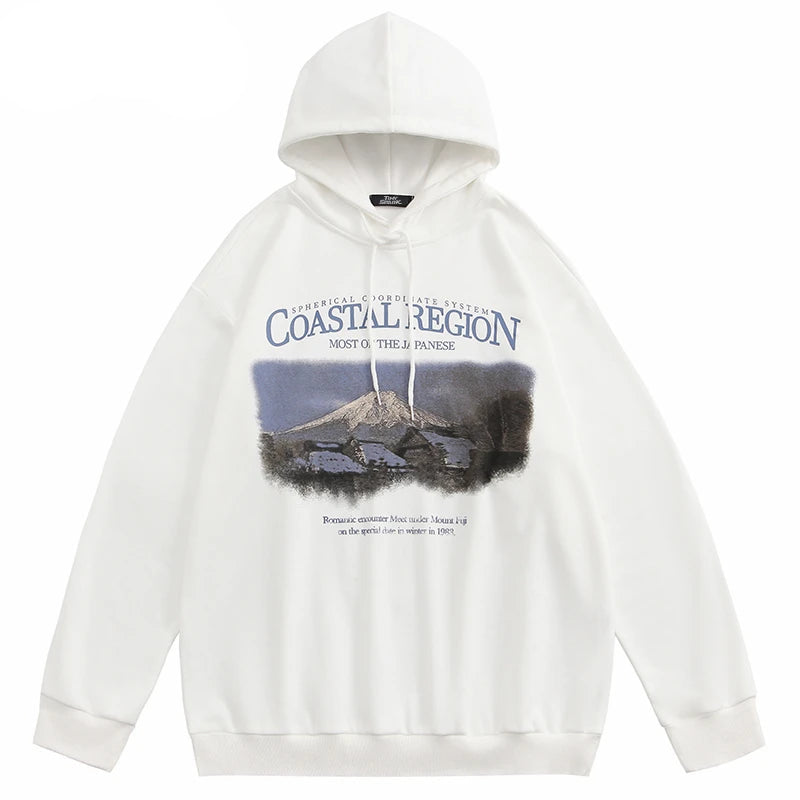 2023 Hoodie Sweatshirt Men Streetwear Retro Mountain Graphic Hooded Pu