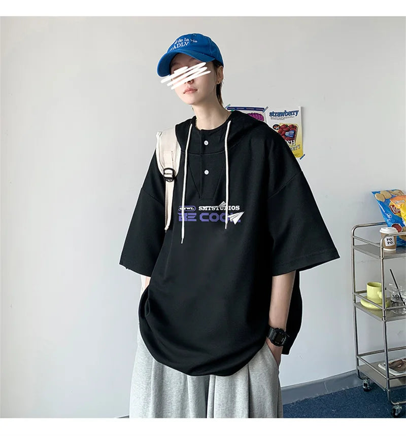 Harajuku Vintage anime – New Mens Casual Hooded Y2K T Shirt Summer Short Sleeve