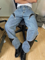 letter embroidery pu leaher patchwork baggy y2k jeans mens streetwear straight oversized denim trousers unisex cargo pants unique cargo style 35