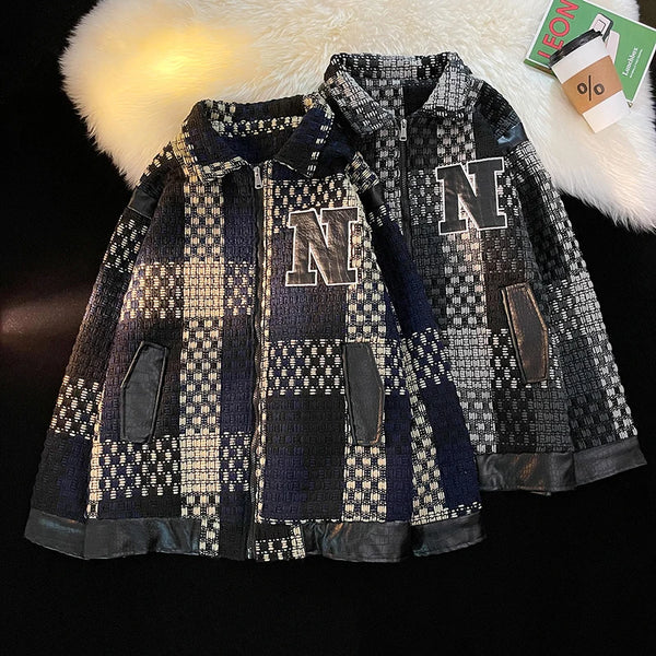 everyday high material spring-fall-plaid-jacket-vintage-lapel-jacket-racing-jackets-pu-leather-zipper-coat-loose-mens-jacket-harajuku-couple-outerwear unisex fashion streetwear print - premium style oversized essential wear design quality e82f2a image hip urban style graphic hop fit casual streetwear design ID de0f0