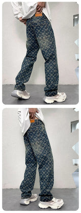 men jacquard streetwear hip hop vibe casual straight denim jeans pants boyfriend high street ripped jeans trousers unique jeans style 3117