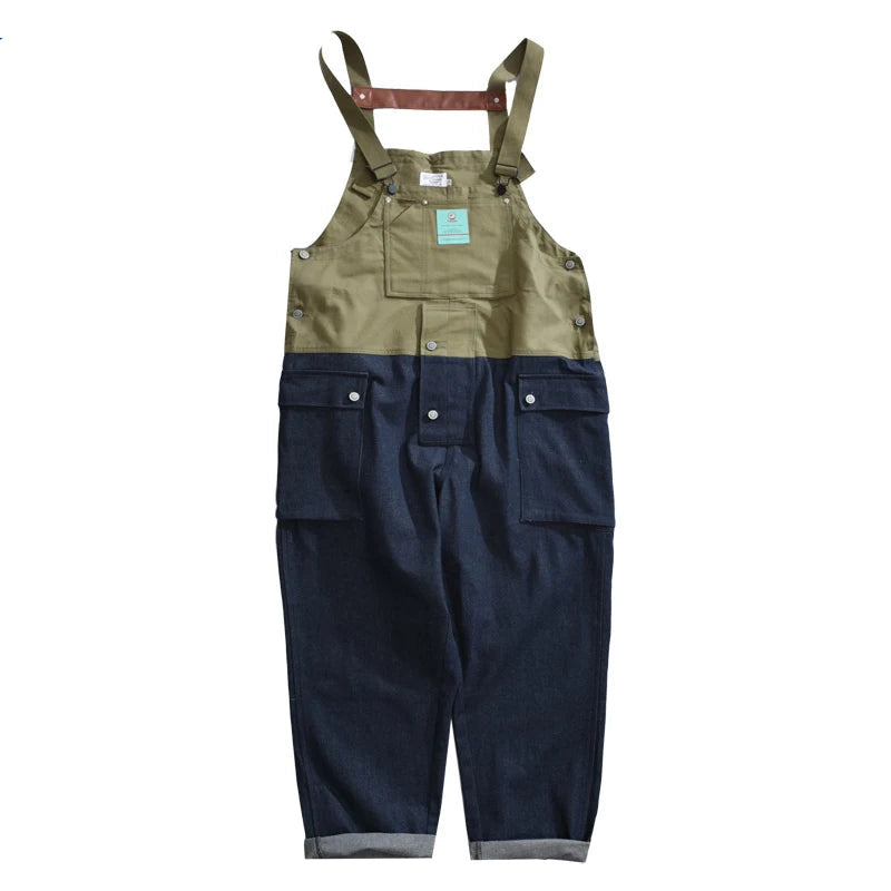2023 summer cargo overalls pants men patchwork denim jumpsuits loose work pants solid color casual streetwear cargo trousers military streetwear pants