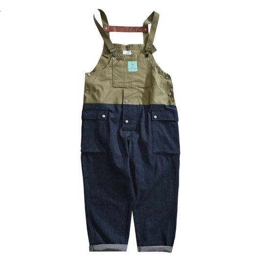 2023 summer cargo overalls pants men patchwork denim jumpsuits loose work pants solid color casual streetwear cargo trousers military streetwear pants