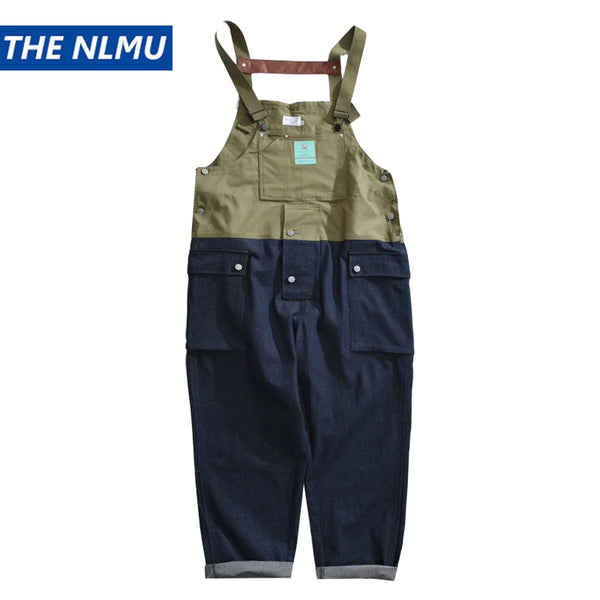 2023 summer cargo overalls pants men patchwork denim jumpsuits loose work pants solid color casual streetwear cargo trousers military streetwear pants