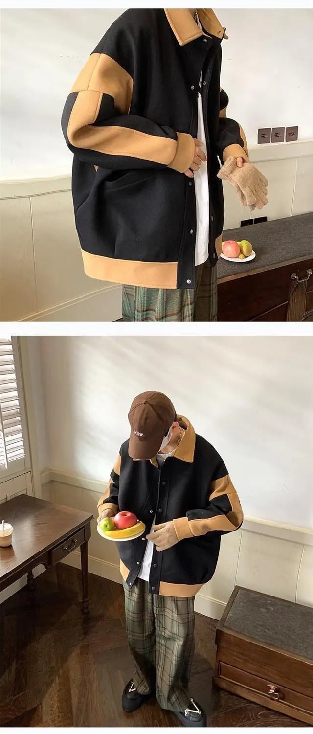 Winter Contrasting Color Splicing Jacket Mens Loose And Versatile Thic