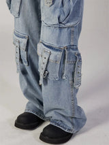fashion loose streetwear cargo denim jeans unisex casual multi pocket straight jean pants with belt hip hop joggers baggy jeans relaxed fit joggers