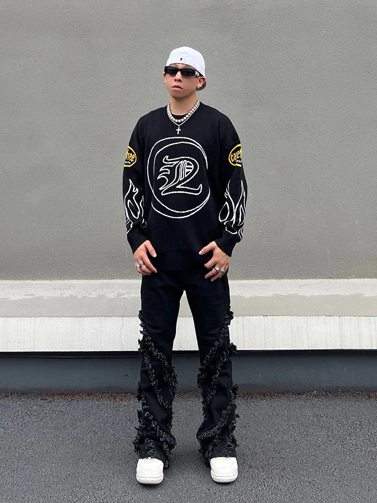 hip hop knitted sweater men letter fire pattern o neck pullover streetwear casual loose sweater unisex harajuku jumpers knitwear oversized graphic print design, streetwear fashion hoodie, urban wear with bold artwork