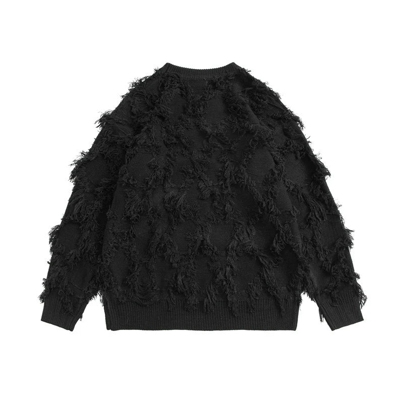 techwear flame knit sweater with structured oversized fit, ideal for cold streetwear layers, men’s streetwear clothing piece 
