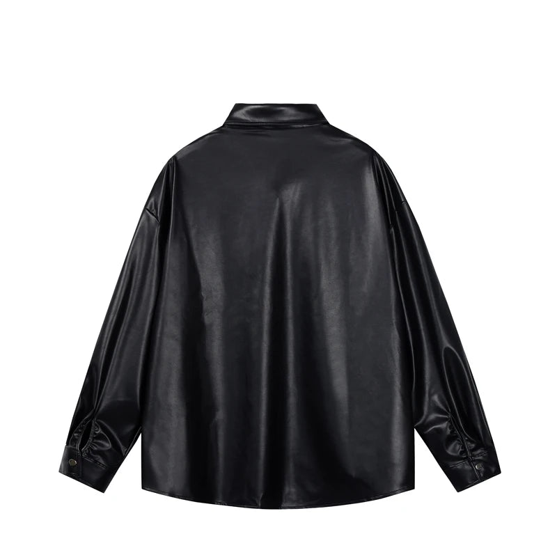 Fashion PU Jacket Shirt Men's Streetwear Oversize Loose Casual Long Sleeve Shirt Coat Plus Size Shirts Blouses for Men Clothes
