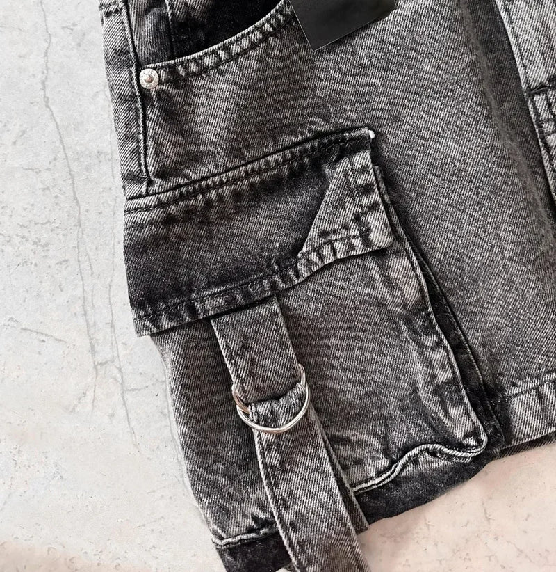Vintage Y2K New Harajuku Multiple Pockets Denim Plaid Skirt Goth Black Mini Skir Fashion Womens Casual Versatile Sexy Streetwear
