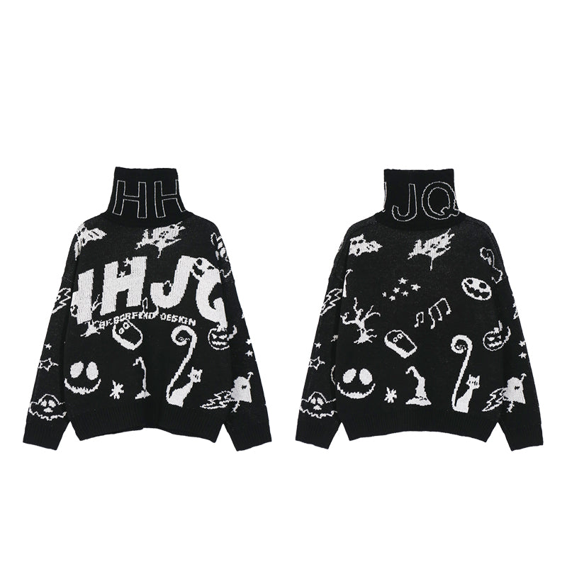 mens turtleneck knitted sweater fashion hip hop harajuku letter sweater retro vintage jumpers casual cotton pullovers sweaters Y2K vintage urban hoodie, trendy hip hop style outerwear, oversized graphic print design