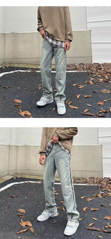 2023 new fashion side zipper hip hop men stretch jeans pants streetwear washed retro straight women denim trousers ropa hombre unique jeans style 731