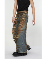 2 pieces sets mens dirty graffiti wide shouder denim jeans jacket coat and ripped holes wide legs pants joggers streetwear sets unique joggers style 4563