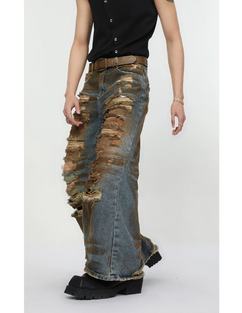 2 pieces sets mens dirty graffiti wide shouder denim jeans jacket coat and ripped holes wide legs pants joggers streetwear sets unique joggers style 4563