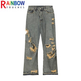 rainbowtouches 2022 men washed jeans vintage high street hole design fashion jeans popular loose straight hip hop long pants ripped baggy denim