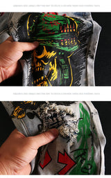 skull graffiti printed ripped denim jeans hip hop distressed biker jeans fashion streetwear slim pants joggers y2k men s jeans unique joggers style 310