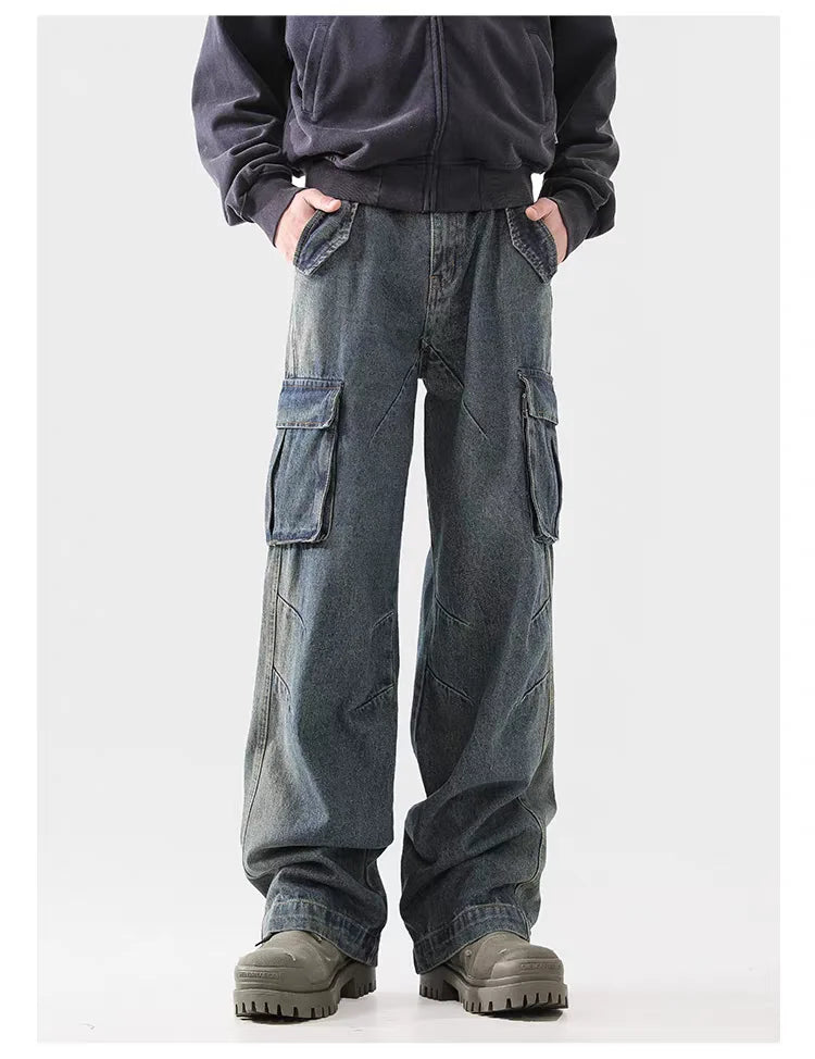 american spring and autumn street trendy personalized work clothes jeans for couples loose retro straight leg casual pants y2k unique jeans style 4987