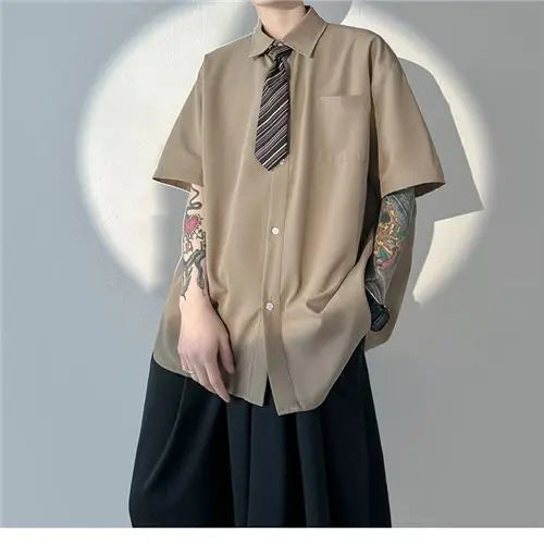 Korean style brown tie shirt men short-sleeved summer Hong Kong style y2k retro drape high-end men shirt casual versatile top