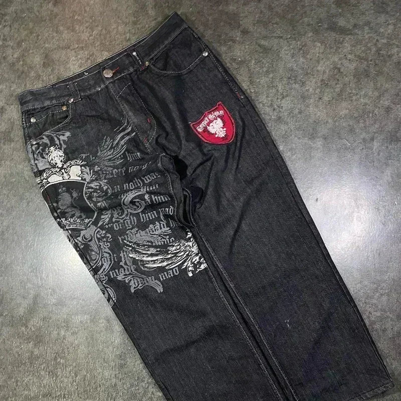 american y2k new fashion pattern embroidered spot straight jeans men street hip hop retro loose wide leg pants couple punk jeans unique jeans style 2930