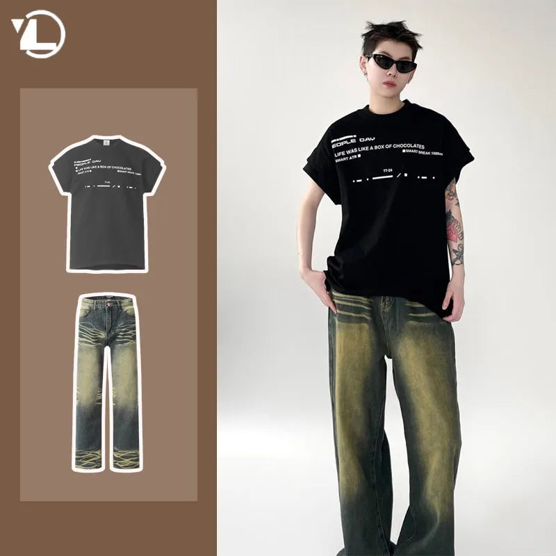 new summer street fashion set mens cotton retro letter printed t shirt halo dyed washed jeans suits male hip hop 2 pcs 2024 denim street jeans
