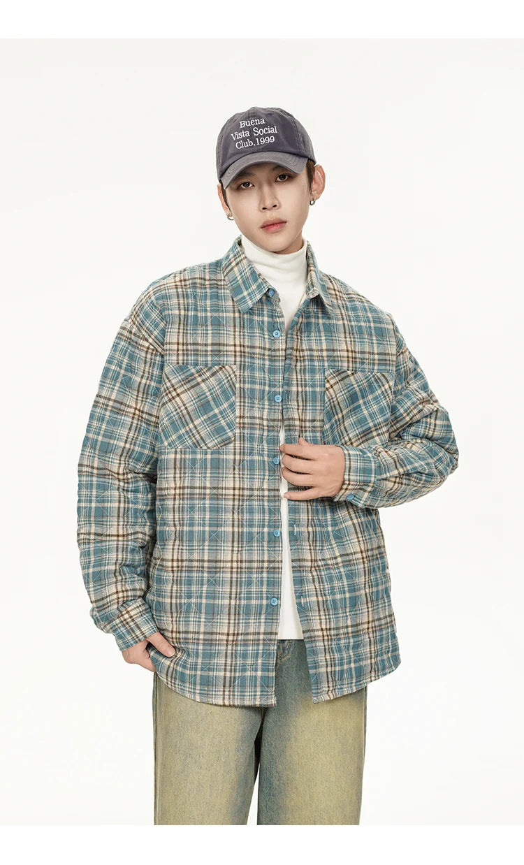 Autumn Winter Men Streetwear Fashion Loose Casual Oversize Plaid Cotton-padded Shirt Style Parkas Jacket Campus Couple Coat