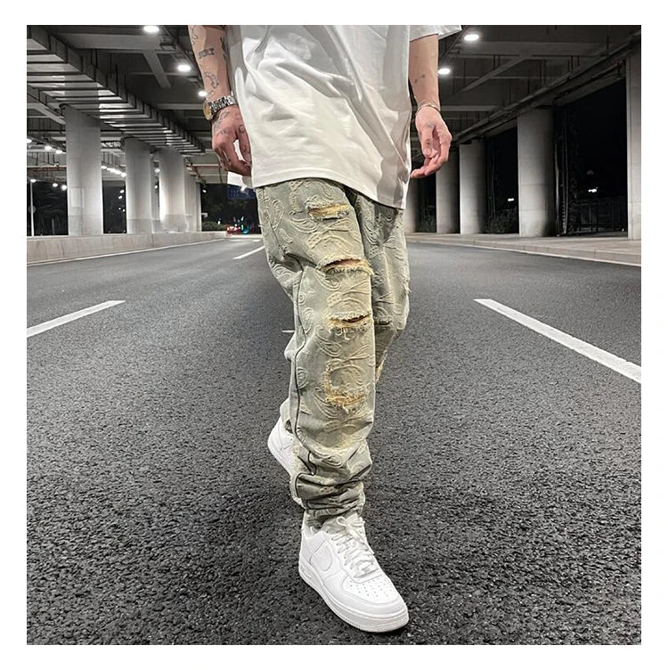 fashion paisy denim jeans mens destoryed holes zipper jeans pants hip hop streetwear new summer casual joggers loose jeans pants unique joggers style 2244