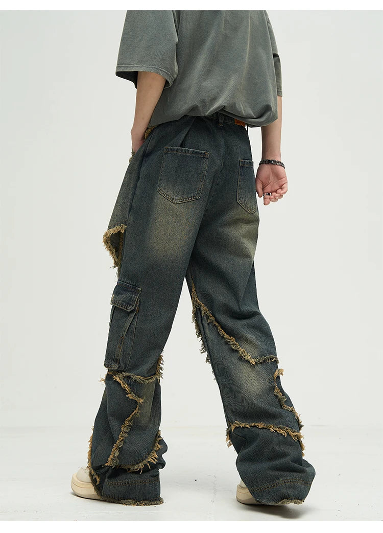 fashion patchwork frayed star denim straight jean pant men casual side pocket y2k trouser unisex hip hop streetwear jeans pants unique jeans style 395