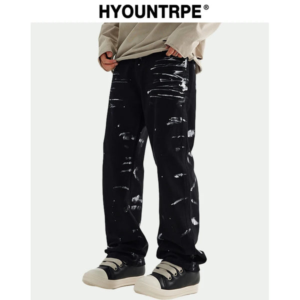 fashion graffiti printed denim jeans mens unisex casual zipper straight jeans streetwear hip hop loose black jean pants joggers streetwear sweatpants