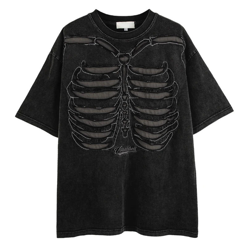 Skatercore Top – Fashion Skull Skeleton Holes Harajuku O Neck T Shirt – Urban Streetwear for Men & Women