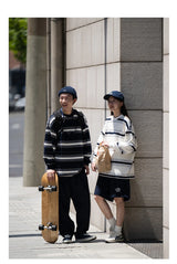 Aesthetic Zip Knit Outerwear – Autumn Japanese Retro Striped Sweatshirts For Men And Women Y2K Streetwear Crewneck Long Sleeve T Shirts Casual Pocket Knit Tops | Zip Knit Drop #60