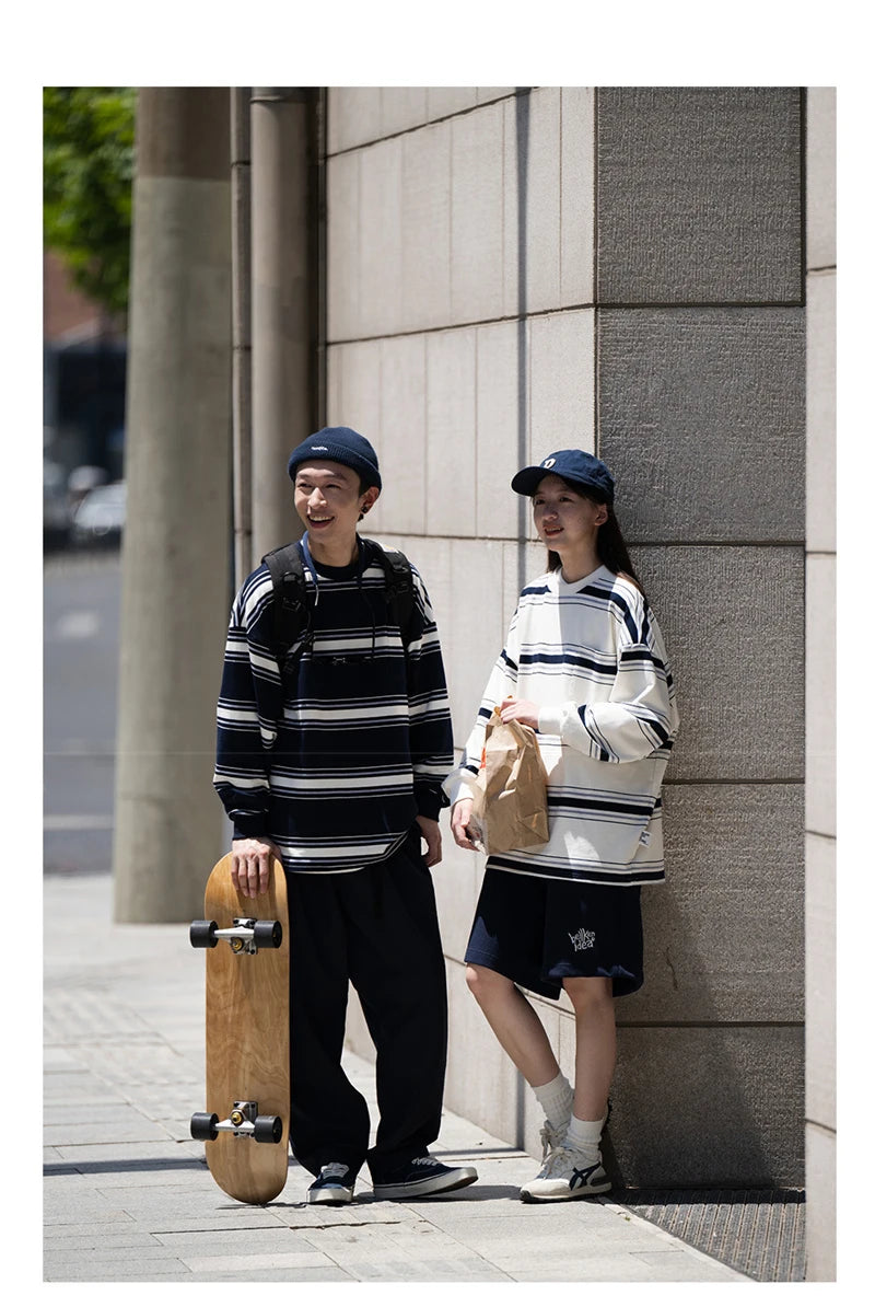 Aesthetic Zip Knit Outerwear – Autumn Japanese Retro Striped Sweatshirts For Men And Women Y2K Streetwear Crewneck Long Sleeve T Shirts Casual Pocket Knit Tops | Zip Knit Drop #60
