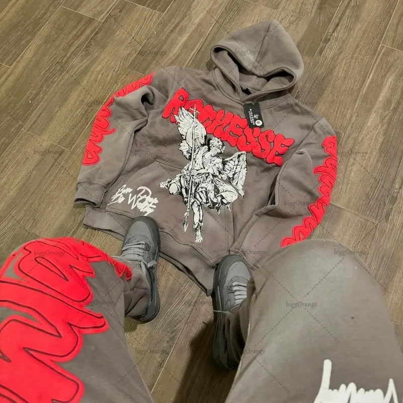 Retro Rock Punk Style Oversized Sweatshirt American Harajuku Colorful Letter Print Graphic Hoodie Men