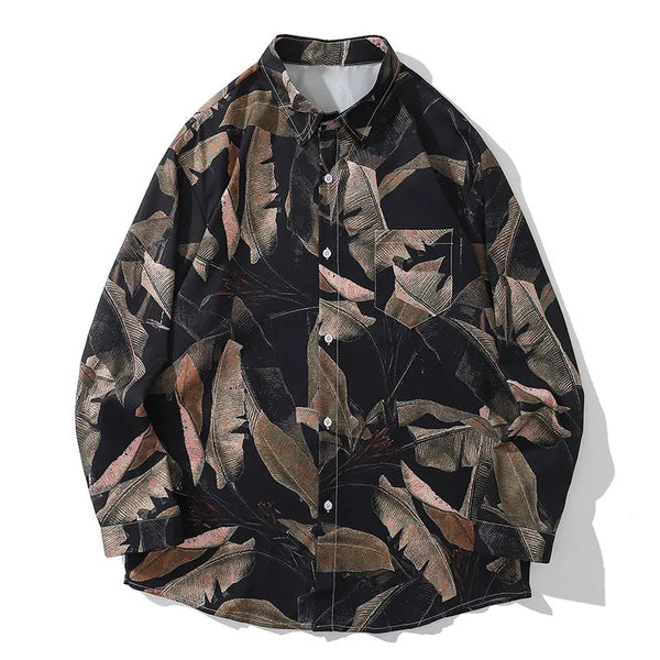 Gothic Long Sleeve Dress Shirt – Hip Hop Multi Simulated Leaves Graphic Print Shirts For Men Autumn New Lapel Button Long Sleeve Shirt Oversized Men And Women | Button Shirt Drop #602