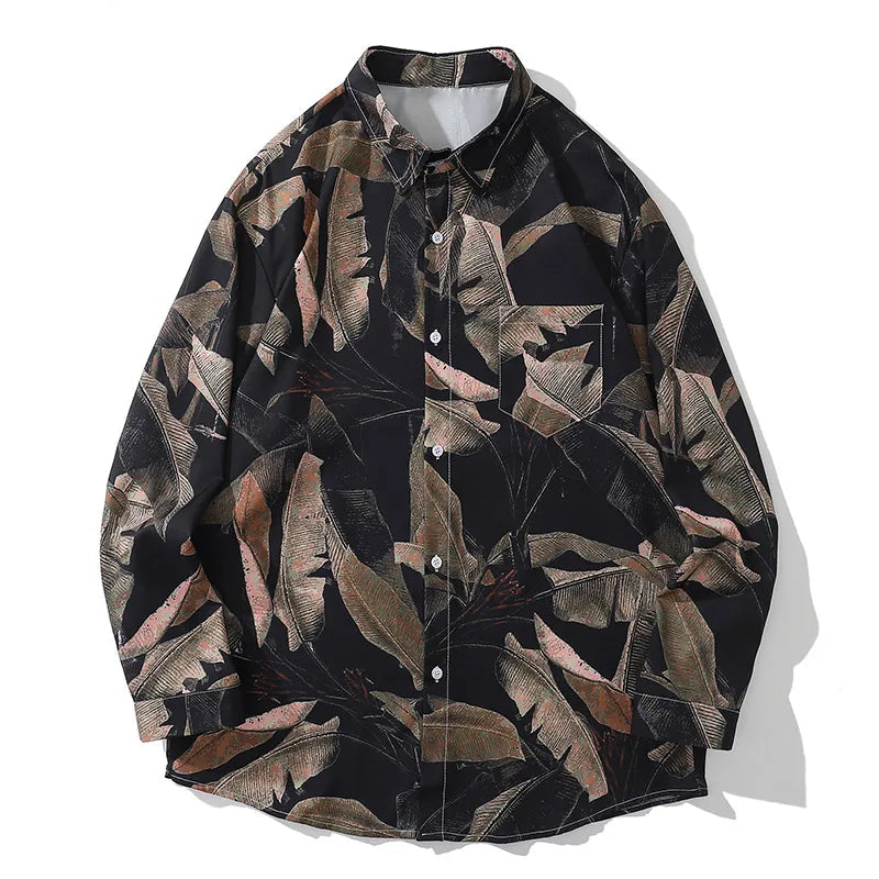 Gothic Long Sleeve Dress Shirt – Hip Hop Multi Simulated Leaves Graphic Print Shirts For Men Autumn New Lapel Button Long Sleeve Shirt Oversized Men And Women | Button Shirt Drop #602