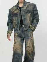 2 pieces sets mens fashion dirty graffiti wide shouder denim jeans jacket coat and wide legs pants joggers new streetwear sets casual joggers