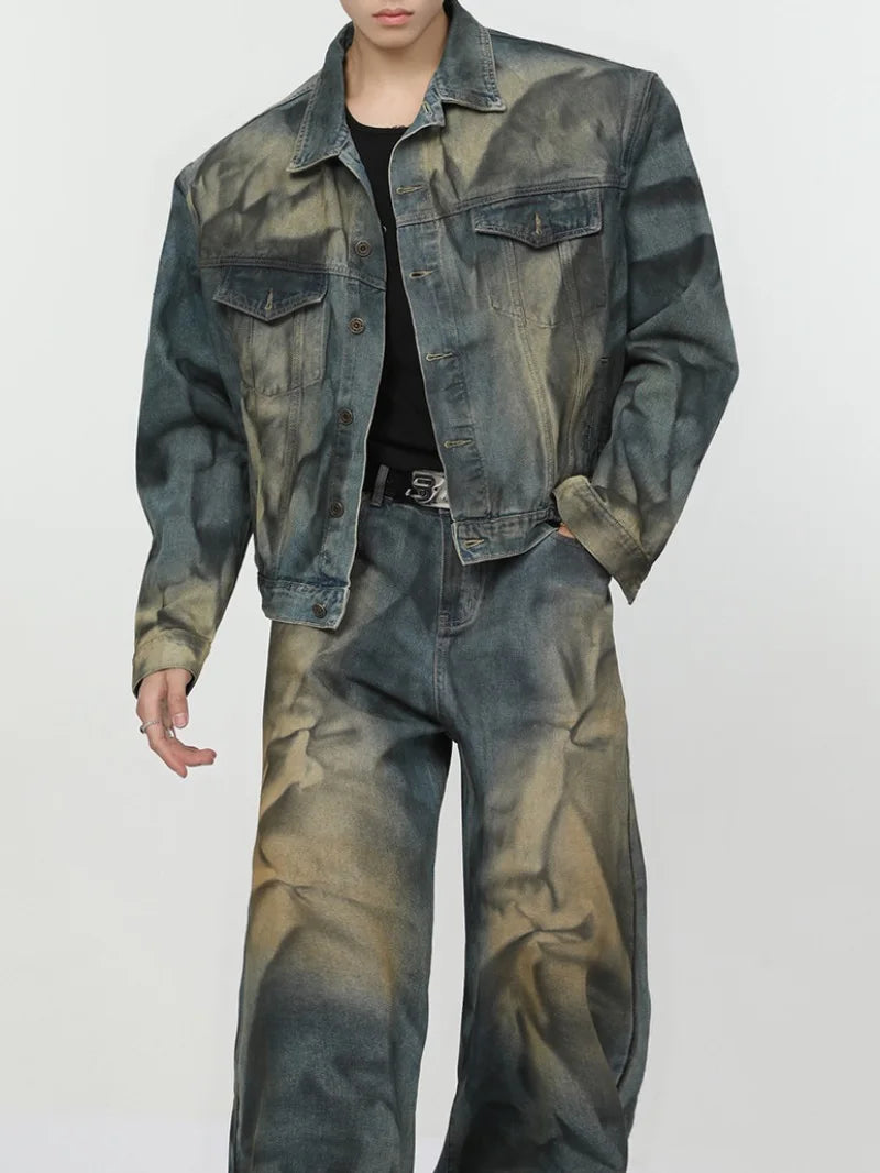 2 pieces sets mens fashion dirty graffiti wide shouder denim jeans jacket coat and wide legs pants joggers new streetwear sets casual joggers