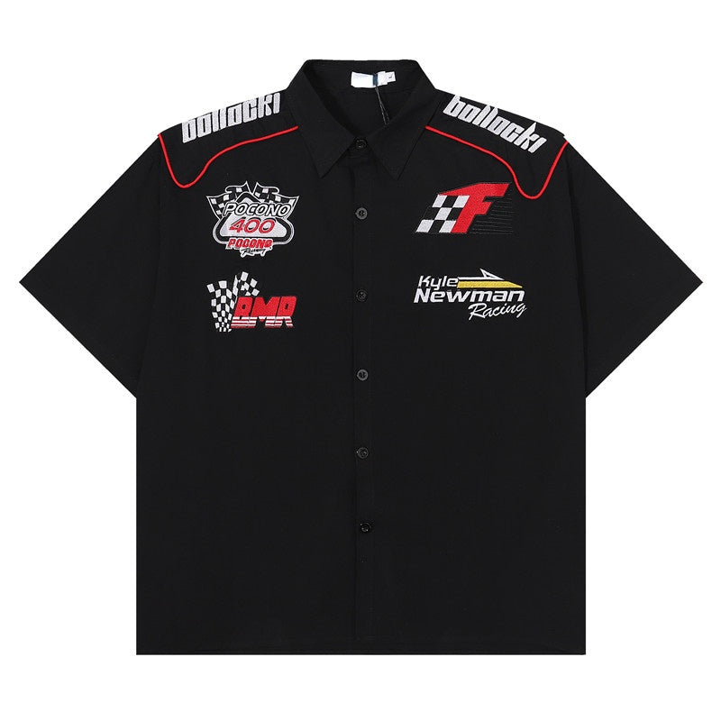 Fashion Mens Racing Embroidered Short Sleeves Shirt Casual Short Sleeve Hawaiian Shirt Hip Hop  Harajuku Streetwear Loose Shirts