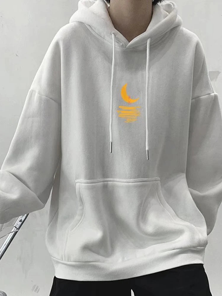 Cartoon Moon Graphic Hoodies Men Casual Hip Hop Streetwear Fleece