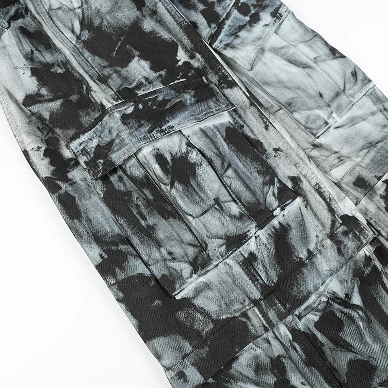 vintage dirty tie dye baggy jeans men multi pocket loose white straight jeans trousers luxury designer oversized denim pant stacked flare jeans