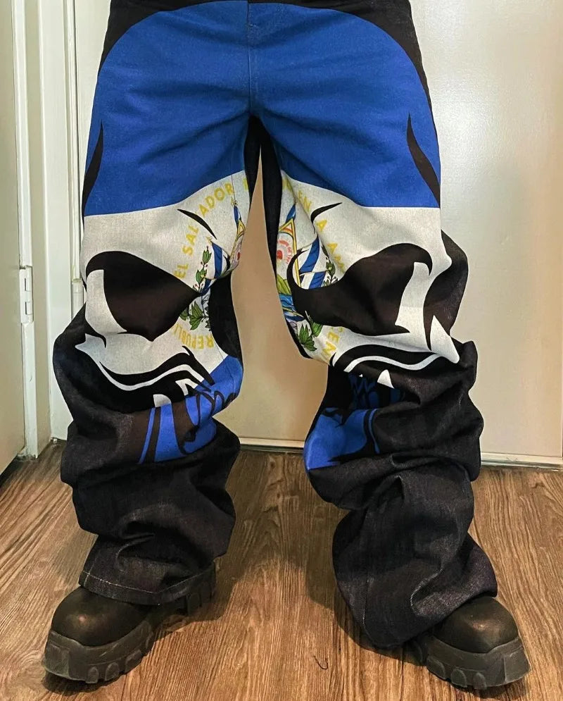 european and american high street high waist washed jeans men y2k cartoon print hip hop rock oversized wide leg pants women unique jeans style 3763