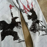 y2k medieval samurai print jeans vintage high street hip hop loose wide leg mens and womens trousers baggy jeans women vintage washed jeans