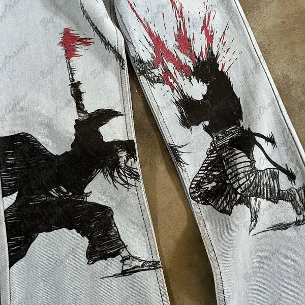 y2k medieval samurai print jeans vintage high street hip hop loose wide leg mens and womens trousers baggy jeans women vintage washed jeans