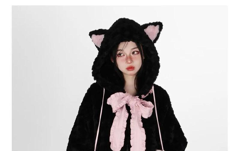 Sadcore Shirt – Harajuku Little Wildcat Hoodies Women Bodysuit Black Tie Bow – Streetwear Fashion for Men & Women