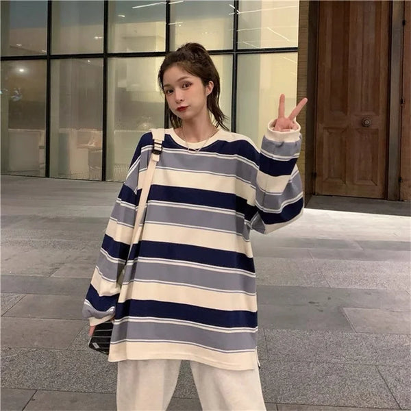 Harajuku Vintage print – Women T Shirts Striped Sweatshirt Thin Tops 2024 Spring Wome