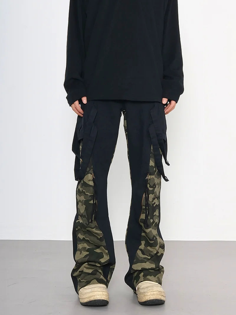 men patchwork camouflage cargo pants streetwear side pockets harajuku joggers unisex hip hop baggy loose straight flare trousers sporty tapered joggers