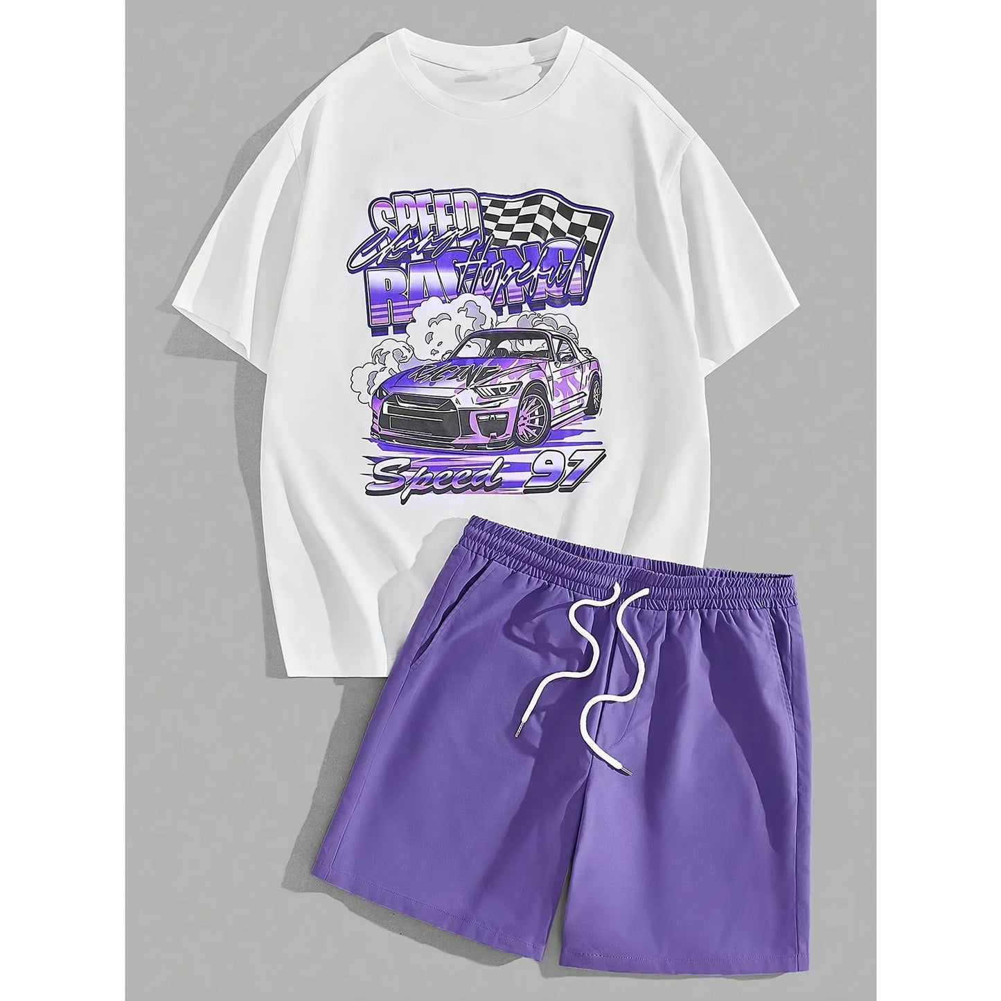 casual summer outfit set car graphic t shirts print shotr pants harajuku tracksuit streetwear purple sweatpants y2k men clothing unique joggers style 4894
