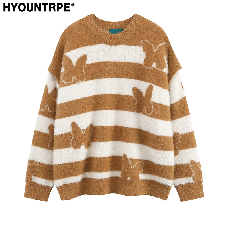 fashion striped sweaters women casual botton open sleeves butterfly knitted streetwear y2k warm furry o neck pullover knitwear - anime inspired graphic hoodie, 2025 streetwear drop, high quality cotton hoodie